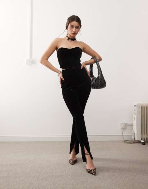 Miss Selfridge - Pantalon ajusté fendu sur le devant en velours - Noir - view 1
