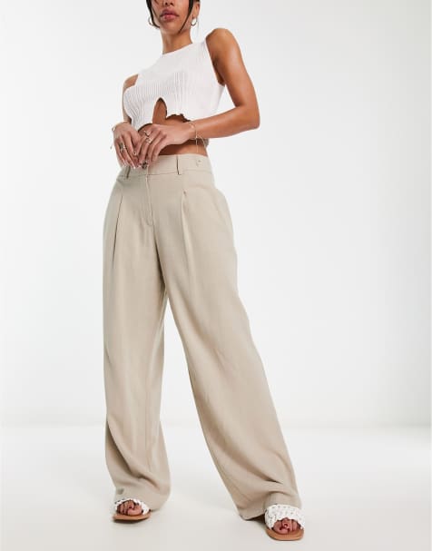 Miss Selfridge - Pantalon ample en lin à taille haute - Taupe - view 1