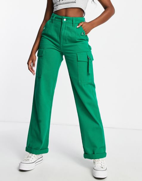 Pantalon cargo bas élastiqué vert foncé femme