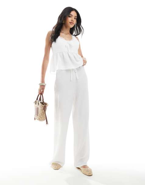 Miss Selfridge - Pantalon d'ensemble droit en jersey texturé - Écru - view 1