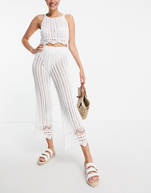 Miss Selfridge - Pantalon d'ensemble en maille au crochet - Blanc , 4 de 4