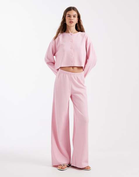 Miss Selfridge - Pantalon large d'ensemble en maille nervurée douce - Rose - view 1