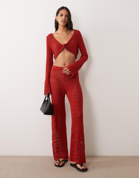 Miss Selfridge pantalon large en crochet rouge - view 1