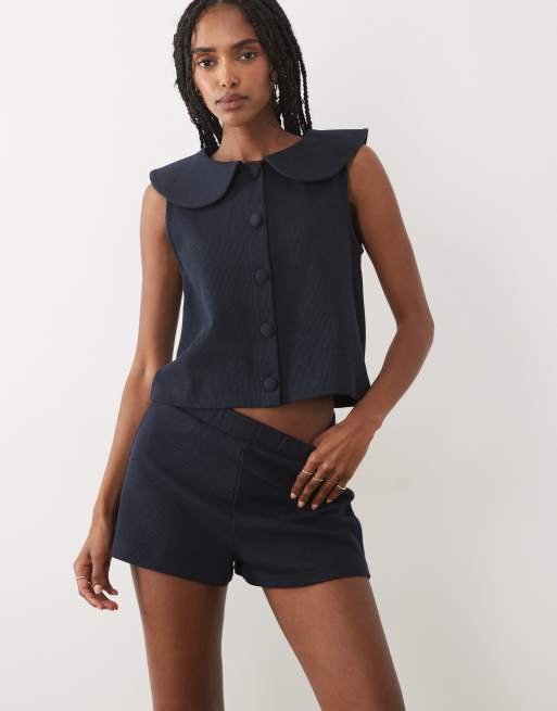 Miss Selfridge - Pantalones cortos azul marino de canalé suave (parte de un conjunto), 2 de 5
