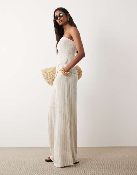 Miss Selfridge - Pantalones de sastre beis de corte palazzo a rayas de tejido efecto lino - view 1