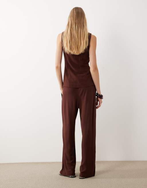 Miss Selfridge - Pantalones marrón chocolate sin cierres de tejido efecto lino, 5 de 5