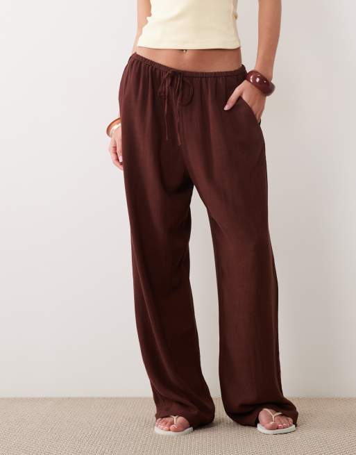 Miss Selfridge - Pantalones marrón chocolate sin cierres de tejido efecto lino, 2 de 5