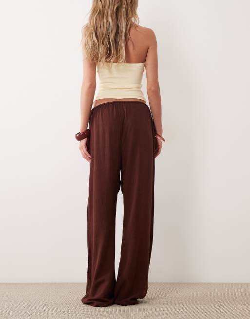 Miss Selfridge - Pantalones marrón chocolate sin cierres de tejido efecto lino, 4 de 5