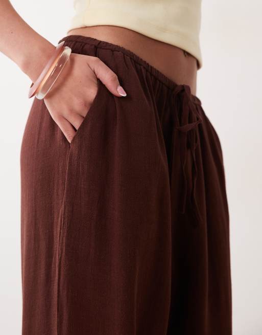 Miss Selfridge - Pantalones marrón chocolate sin cierres de tejido efecto lino, 5 de 5