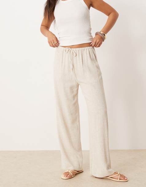 Miss Selfridge - Pantaloni a fondo ampio color pietra in misto lino con coulisse in vita - view 1