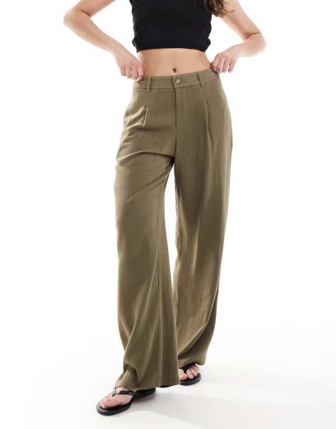 Miss Selfridge - Pantaloni a fondo ampio sartoriali in misto lino kaki - view 1