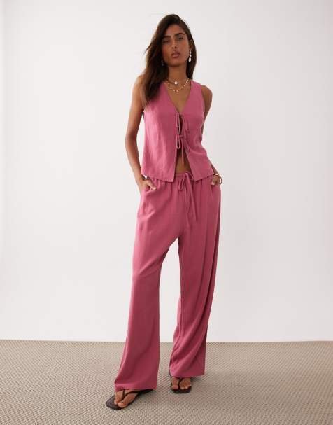 Miss Selfridge - Pantaloni effetto lino color lampone - view 1