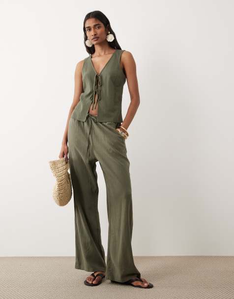 Miss Selfridge - Pantaloni effetto lino color oliva - view 1