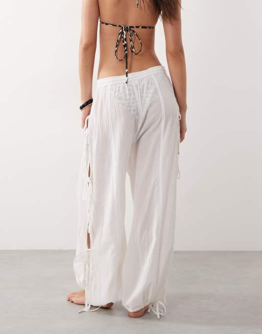 Miss Selfridge - Pantaloni hareem da spiaggia color crema con laccetti laterali, 4 di 5