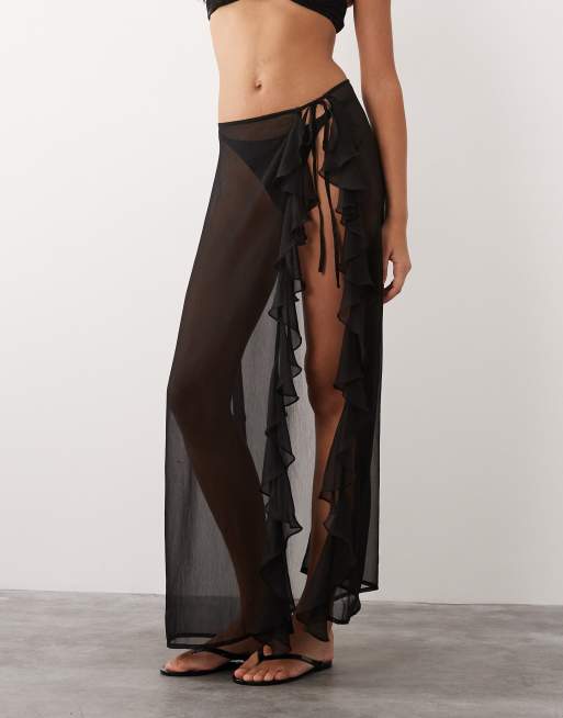 Miss Selfridge - Pareo in chiffon trasparente nero con volant e allacciatura laterale, 2 di 5
