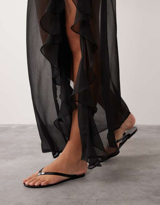 Miss Selfridge - Pareo in chiffon trasparente nero con volant e allacciatura laterale, 3 di 5