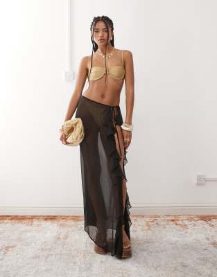 Miss Selfridge - Pareo in chiffon trasparente nero con volant e dettaglio annodato