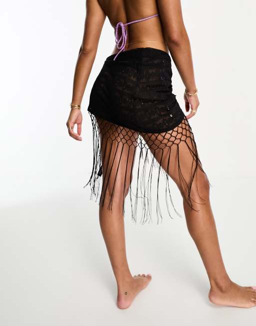 Miss Selfridge Pareo nero da spiaggia all'uncinetto con frange e