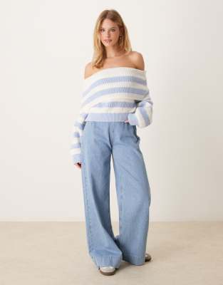 Miss Selfridge pastel blue striped bardot knitted jumper-Multi