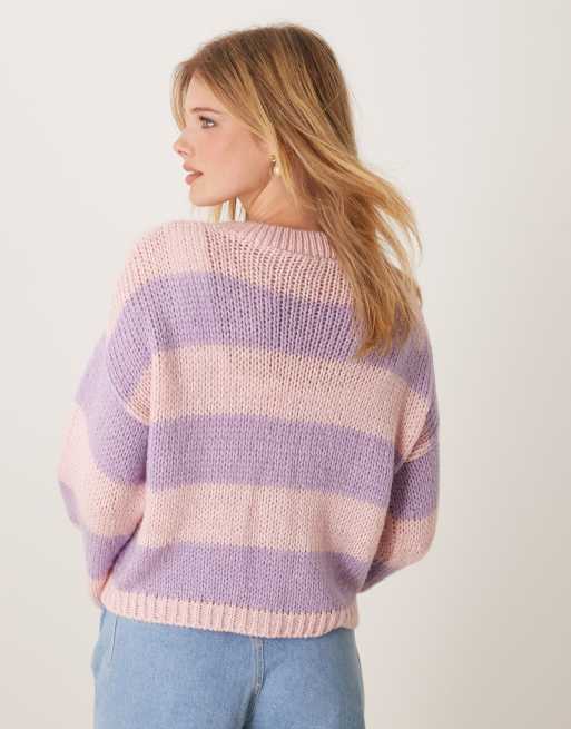 Miss Selfridge pastel pink and purple stripe knit cardigan, 3 of 4