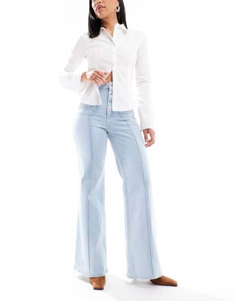 Miss Selfridge patch pocket  high waist 70's denim flare in bleach wash - view 1