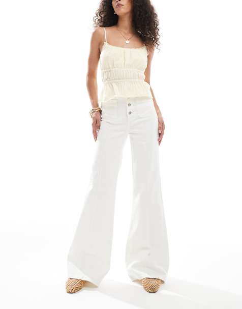 Miss Selfridge patch pocket  high waist 70's denim flare in ecru wash - view 1