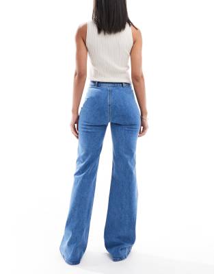 Shop Miss Selfridge Patch Pocket High Waist 70s Denim Flares-blue