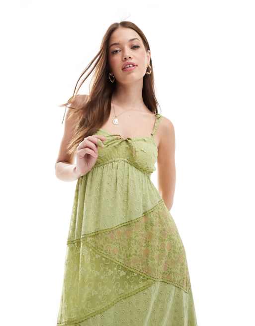 Miss Selfridge patchwork fabric mix maxi slip dress in green