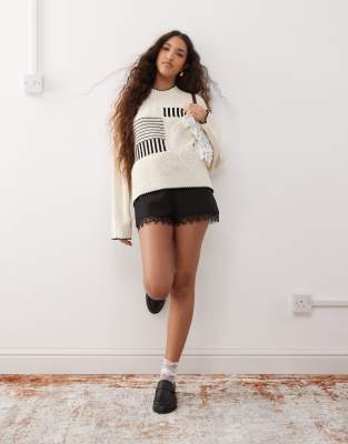 Miss Selfridge Patchwork Knit Cable Sweater-white In White