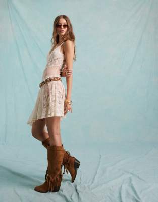 Miss Selfridge Patchwork Lace Asymmetric Cami Mini Dress In Cream-white