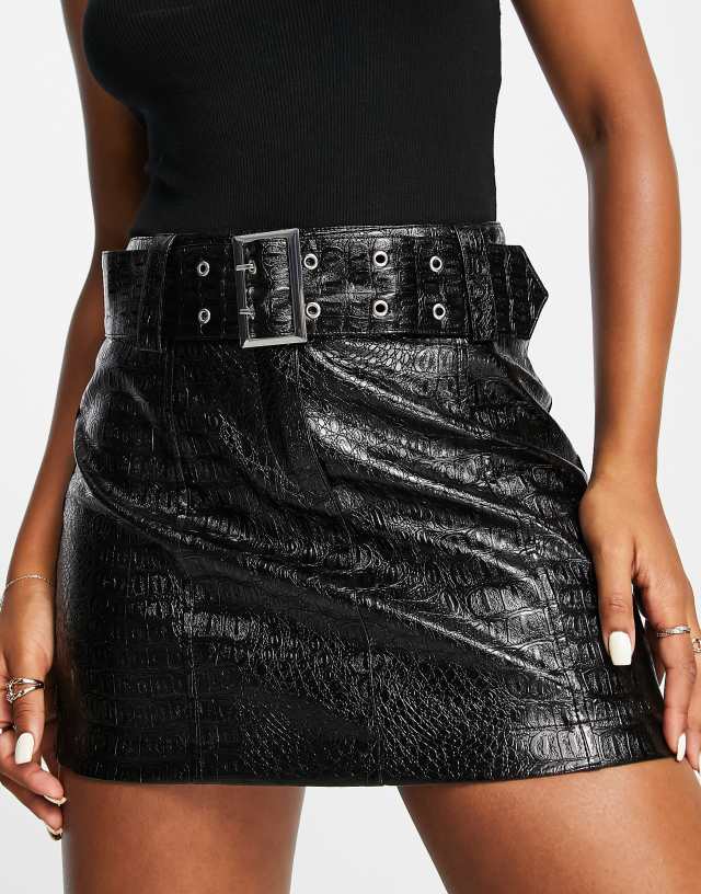 Miss Selfridge - patent croc mid rise belted mini skirt in black