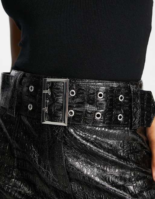 Miss Selfridge patent croc mid rise belted mini skirt in black, 2 of 4