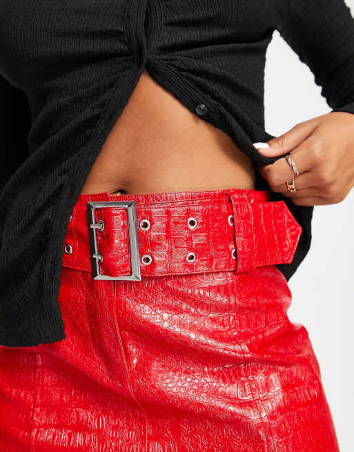 Miss Selfridge patent croc mid rise belted mini skirt in red, 3 of 4