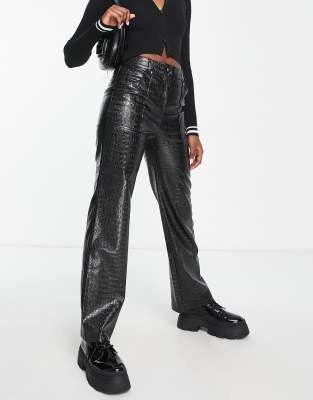 Miss Selfridge Patent Croc Straight Leg Pants With Side Slit Hem In Black