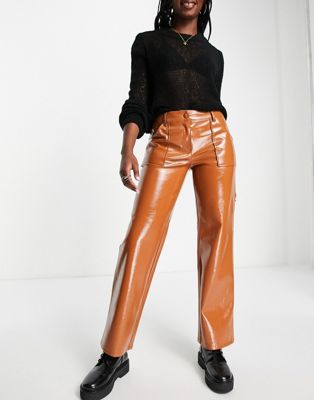 Miss Selfridge patent mid rise straight leg trouser in brown - ASOS Price Checker