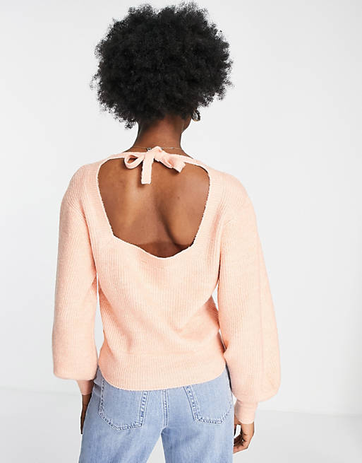 Miss Selfridge peach square neck cut-out back knit sweater - PEACH