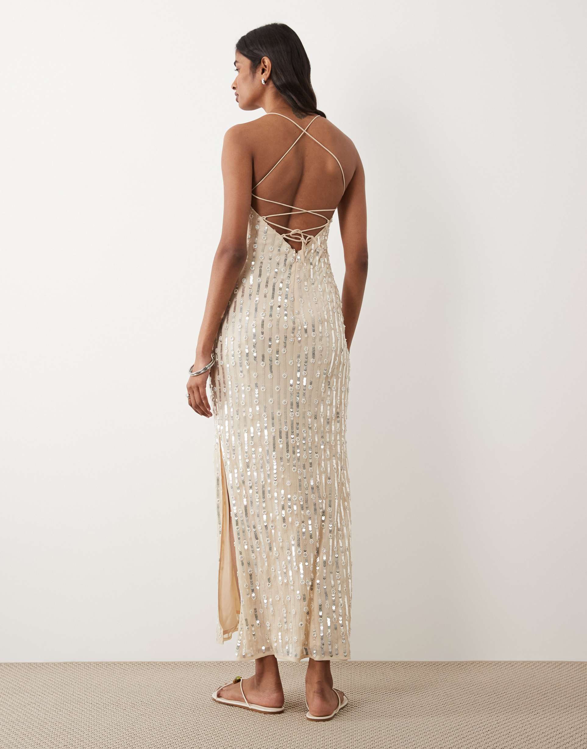 miss selfridge pearl and sequin embellished midi dress in ivory