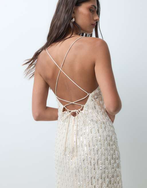 Miss Selfridge pearl and sequin embellished midi dress in ivory, 2 of 4