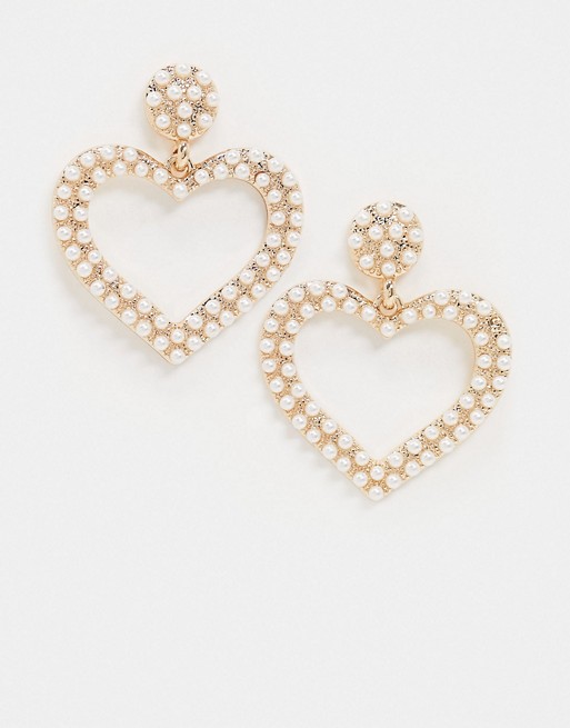 Miss Selfridge Pearl Heart Drop Earrings In Gold | ASOS