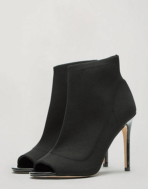 Miss Selfridge peep toe heeled sock boots in black