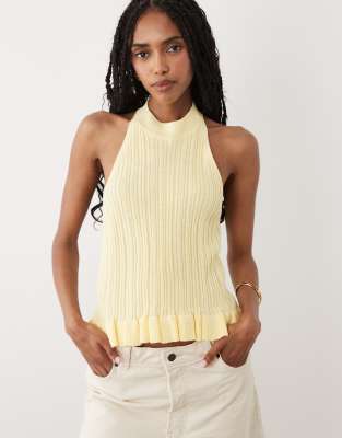Miss Selfridge Pep Hem Knit Halter Top In Yellow