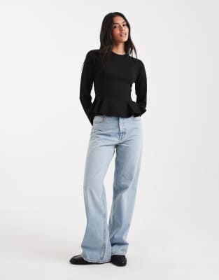 Miss Selfridge Peplum Detail Long Sleeve Tee In Black