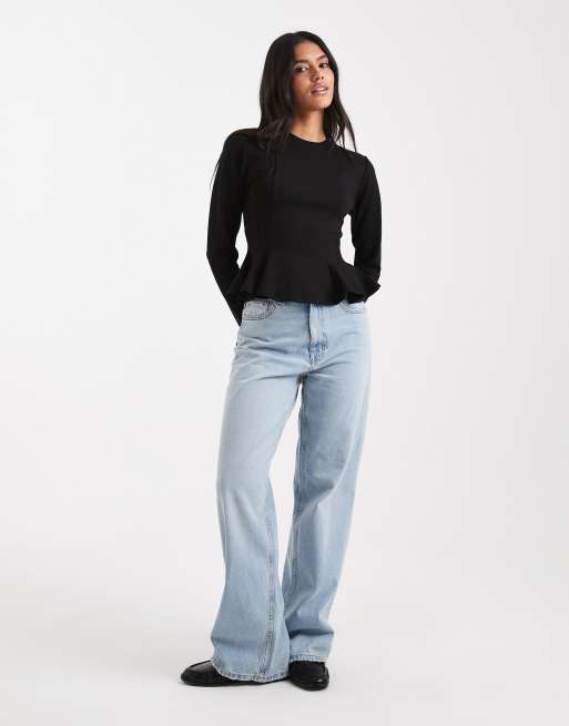 Miss Selfridge peplum detail long sleeve tee in black, 2 of 4