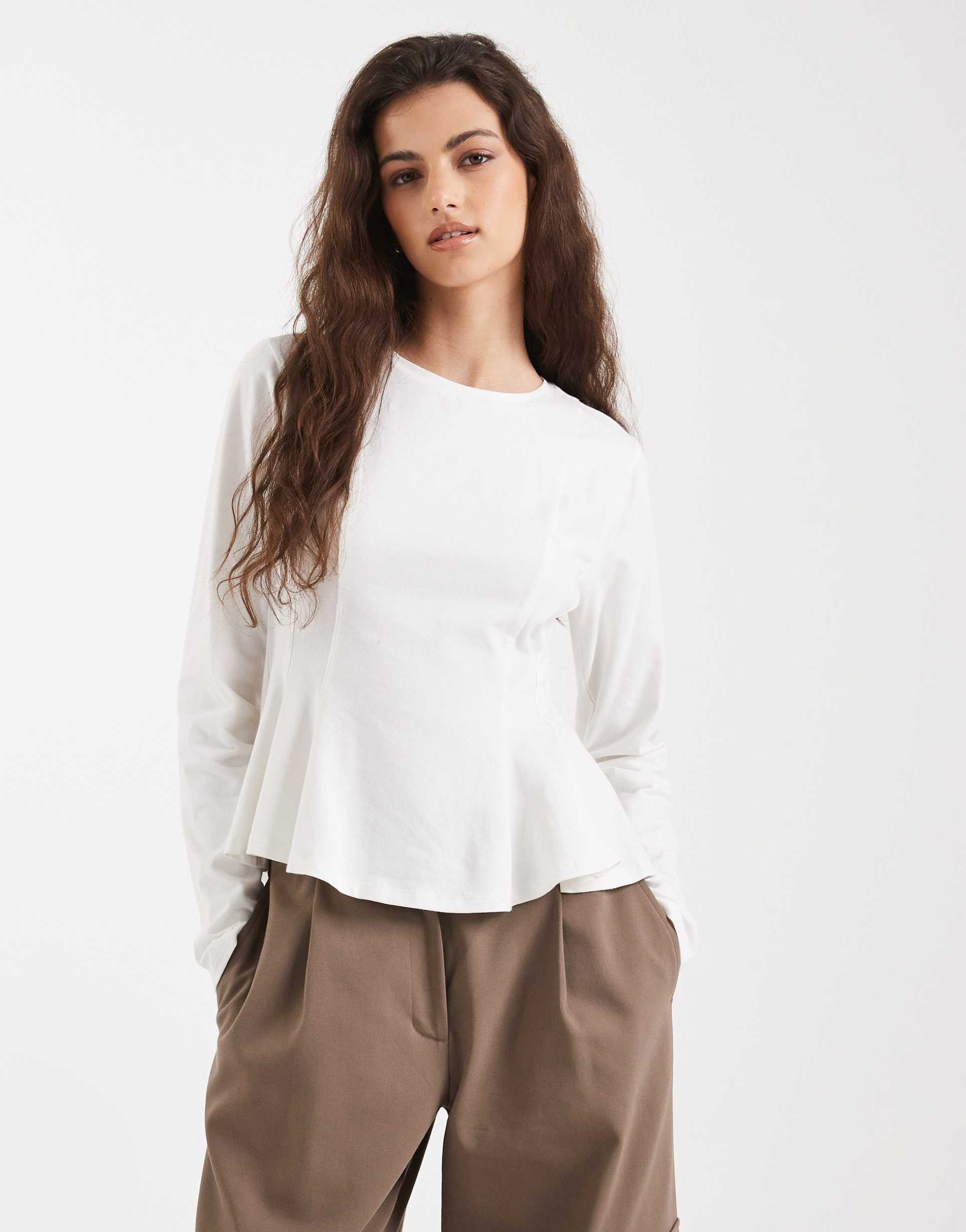 miss selfridge peplum detail long sleeve tee in white