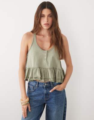 Miss Selfridge Peplum Hem Button Through Top In Green