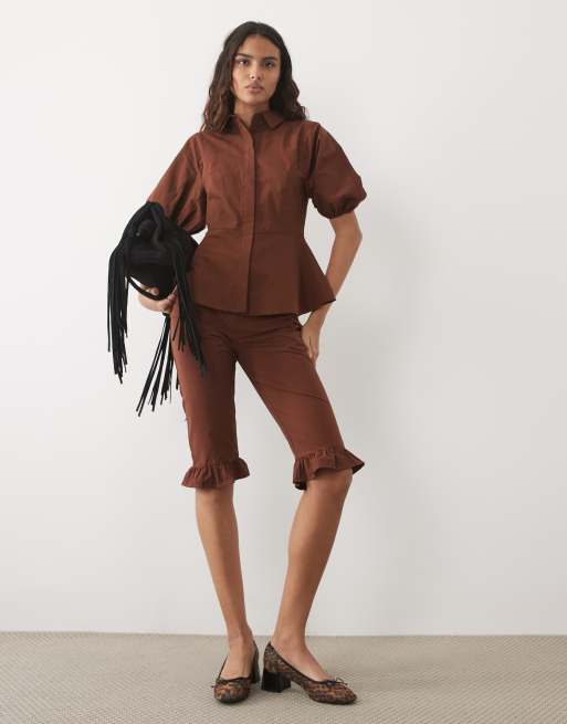 Miss Selfridge peplum kortärmad skjorta set i chokladbrun, 2 av 4