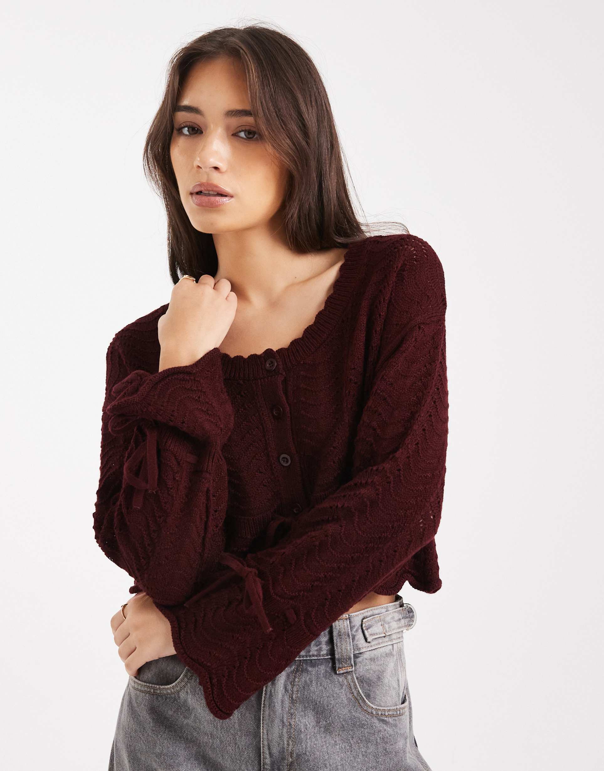miss selfridge peplum tie cardigan in plum