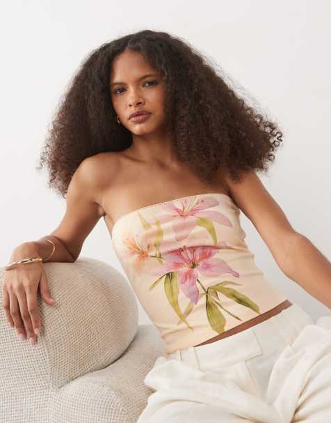 Miss Selfridge – Persikofärgad tubtopp med bandeau-ringning och blomtryck - view 1