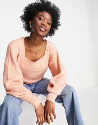 Miss Selfridge - Perzikkleurige gebreide trui met vierkante halsuitsnijding - PEACH