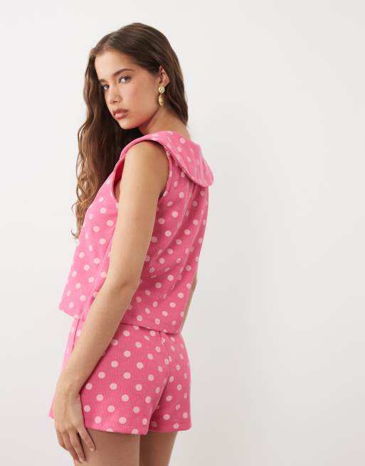 Miss Selfridge Peter Pan collar button through tank in pink polka dot, 4 of 4
